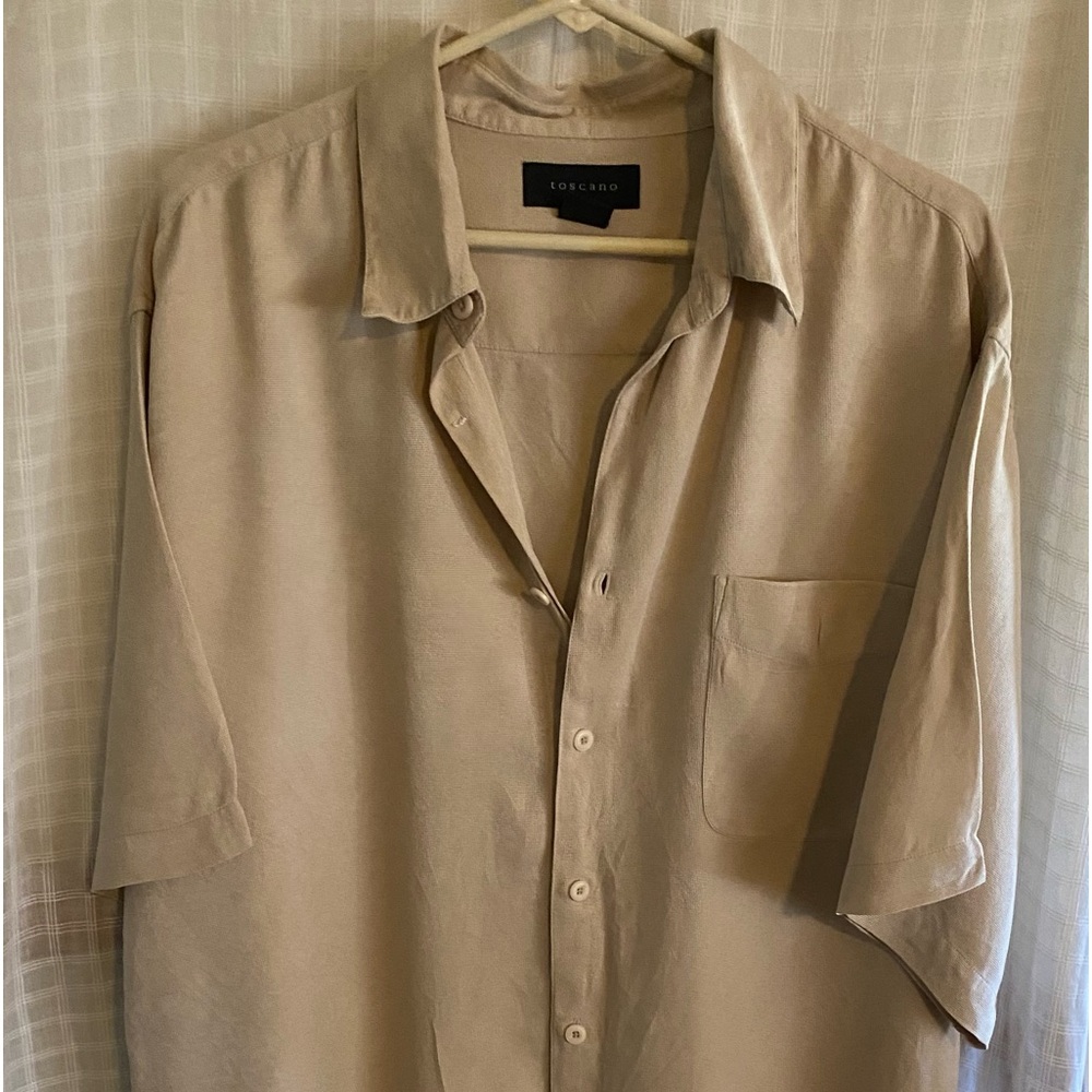 Toscano Button Up Shirt Extra Large Adult Beige 100% Silk Short Sleeve Mens XL